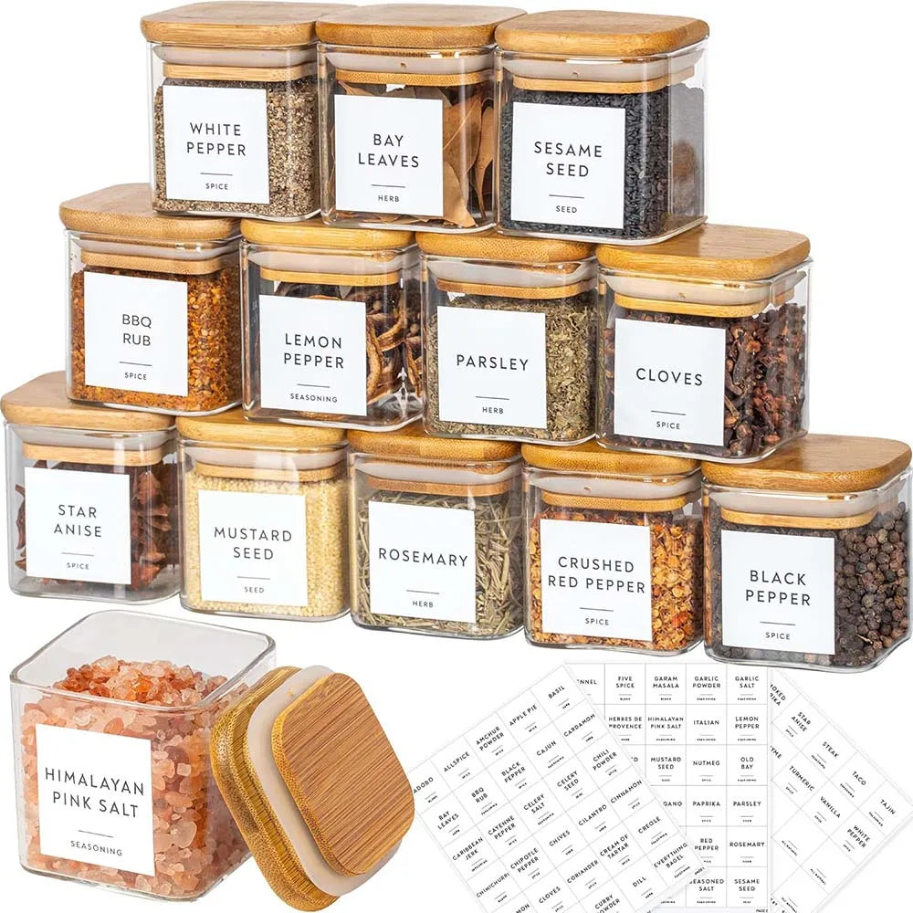 5oz Square Glass Spice Jars Set with Bamboo Lids & Labels
