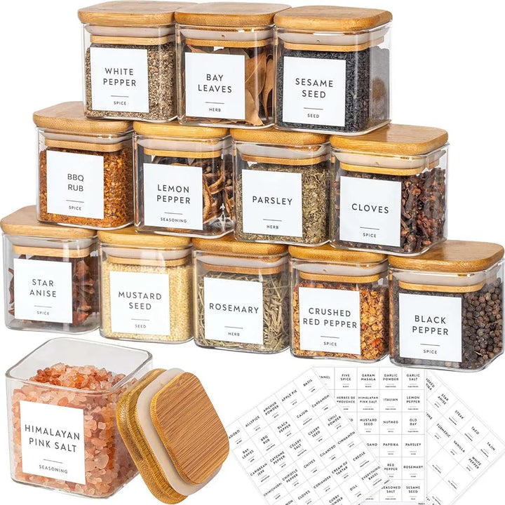 5oz Square Glass Spice Jars Set with Bamboo Lids & Labels