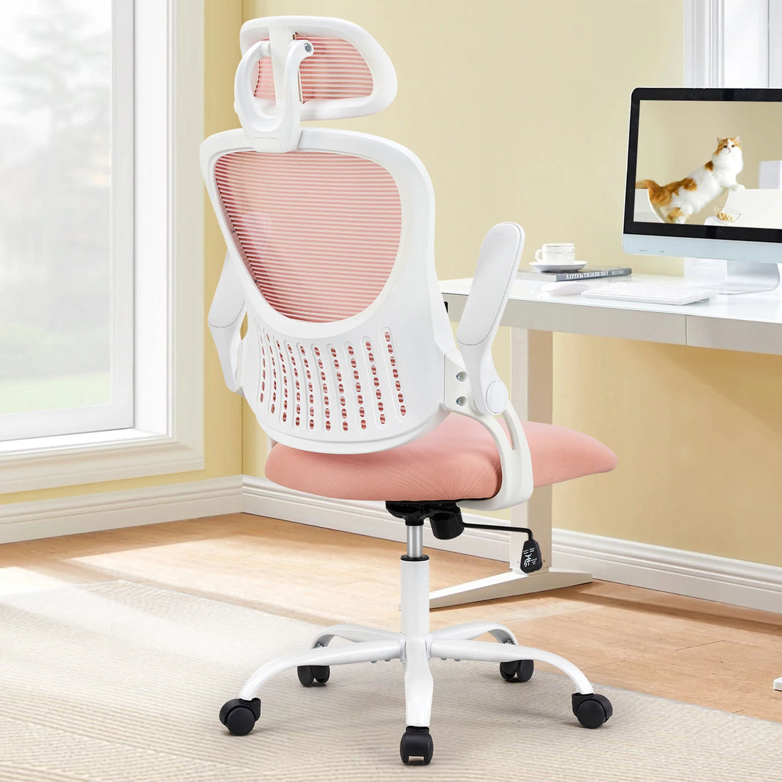 Pink Ergonomic Mesh Office Chair with Flip-Up Arms