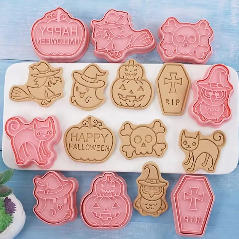 Halloween Cookies Cutters Cartoon Pumpkin Pressable Biscuit Mold Plastic Confectionery Fondant Cookie Stamp Baking Pastry Tools