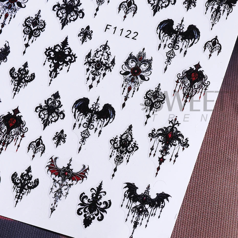 5pcs Gothic Black Nail Stickers Elegant Wedding Laced Designs Halloween Castle Skull Wings Adhesive Foils Sliders Manicure Decor