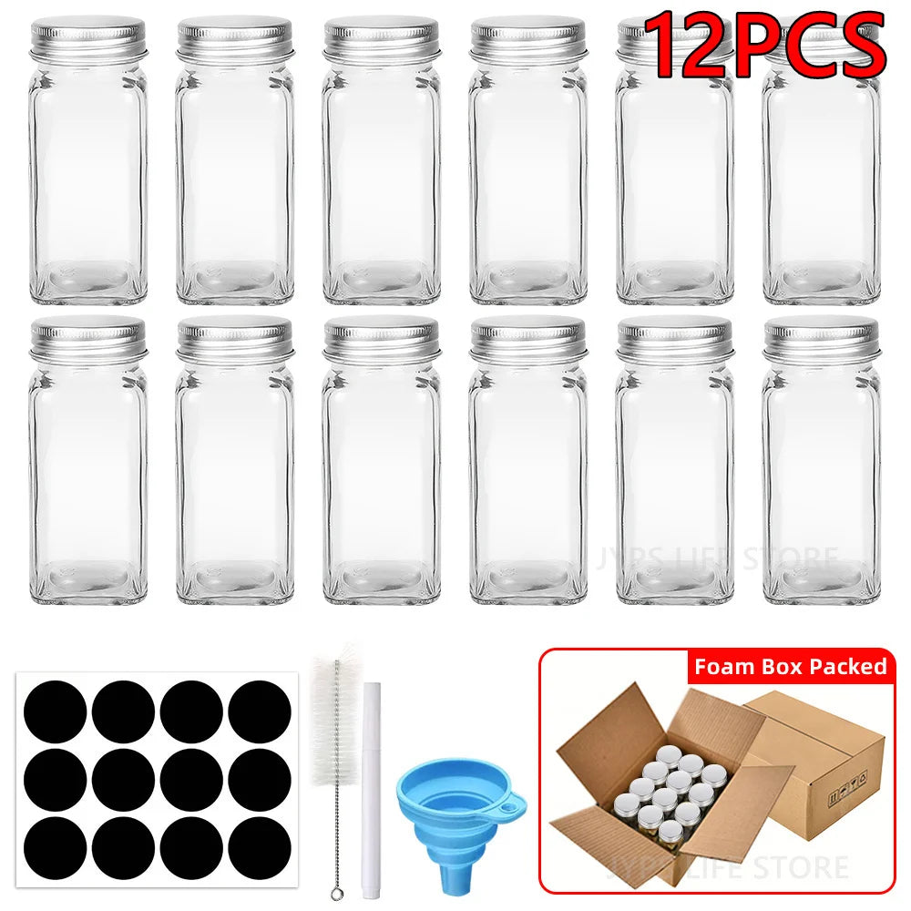 Complete Glass Spice Jars Set with Minimalist Labels & Collapsible Funnel