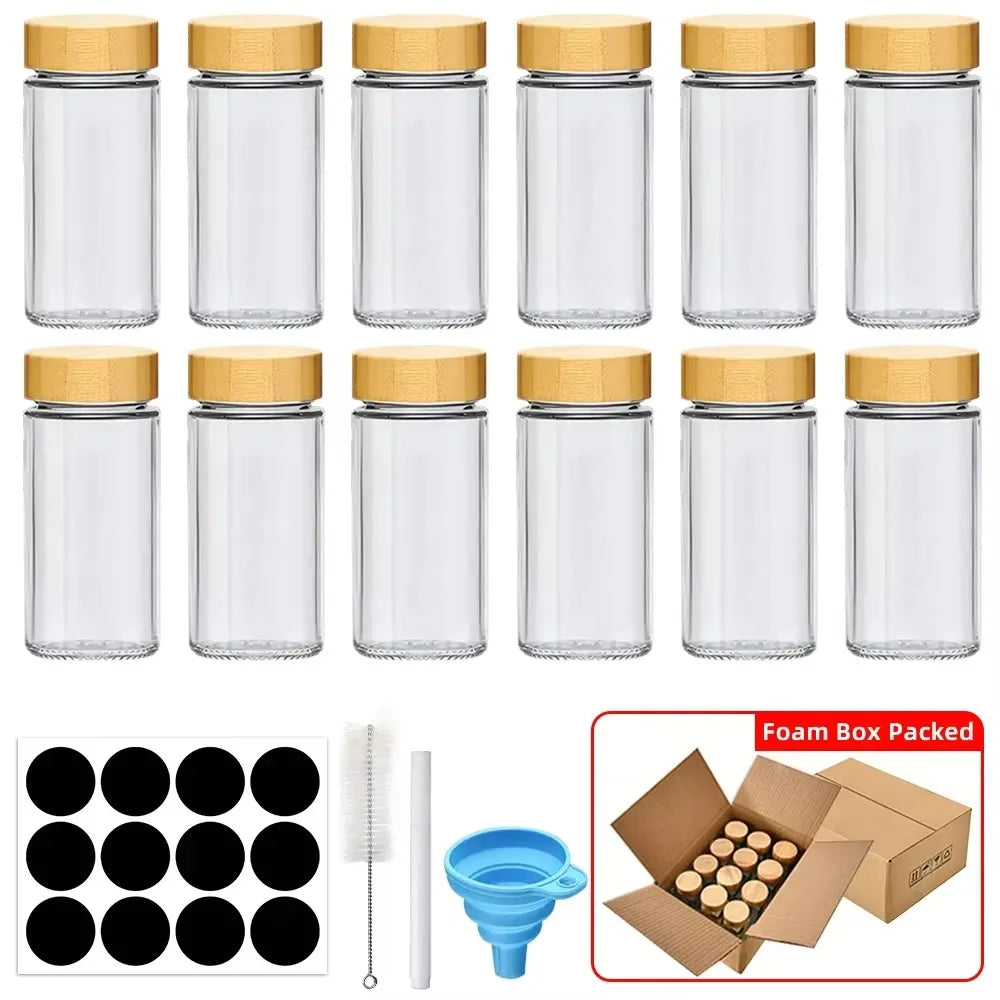 Complete Glass Spice Jars Set with Minimalist Labels & Collapsible Funnel