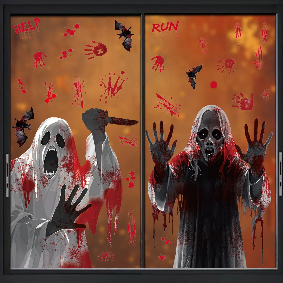 Halloween Static Cling Stickers Scary Ghost Woman Bloody Handprint Window Decals Spooky Party Home Decor Horror Decorations