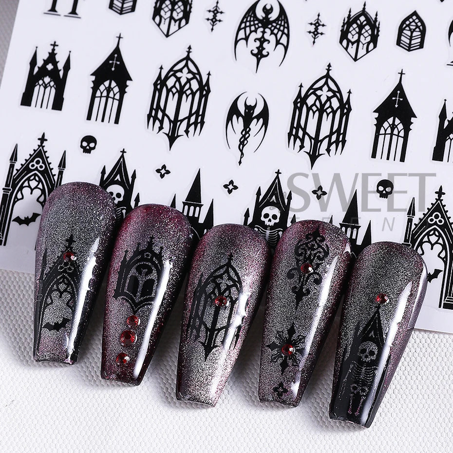 5pcs Gothic Black Nail Stickers Elegant Wedding Laced Designs Halloween Castle Skull Wings Adhesive Foils Sliders Manicure Decor