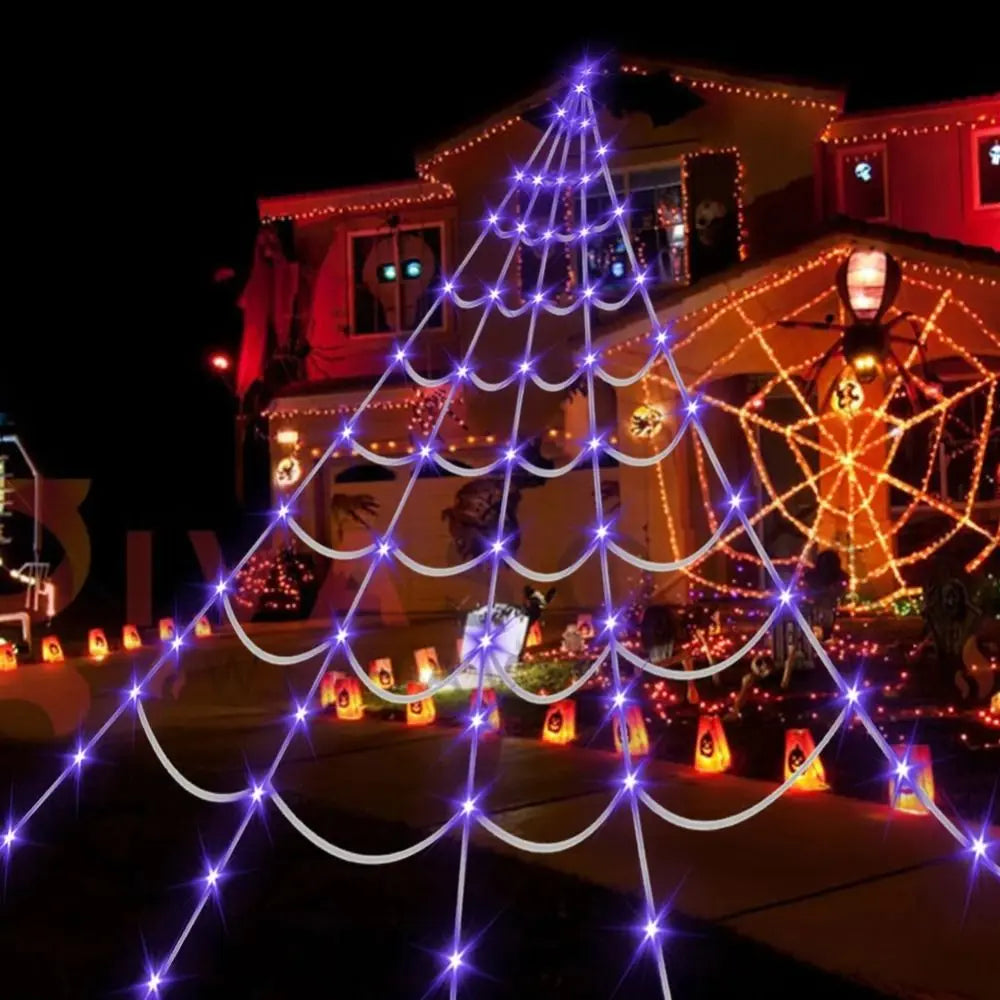 Practical 8 Modes Halloween Spider Web Lights Waterproof 250 LEDs LED Spider Net 5m Big Scary Giant Spider Party