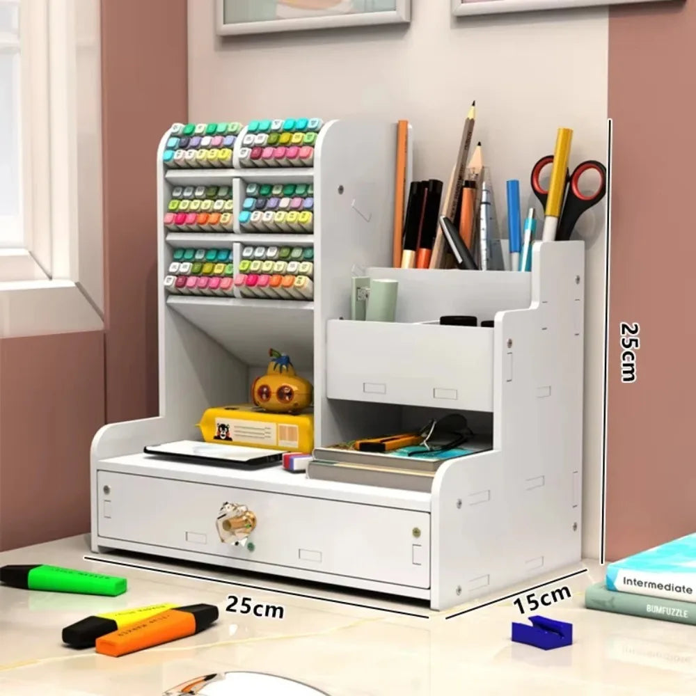 White Wooden Desk Organizer with Pencil Holder