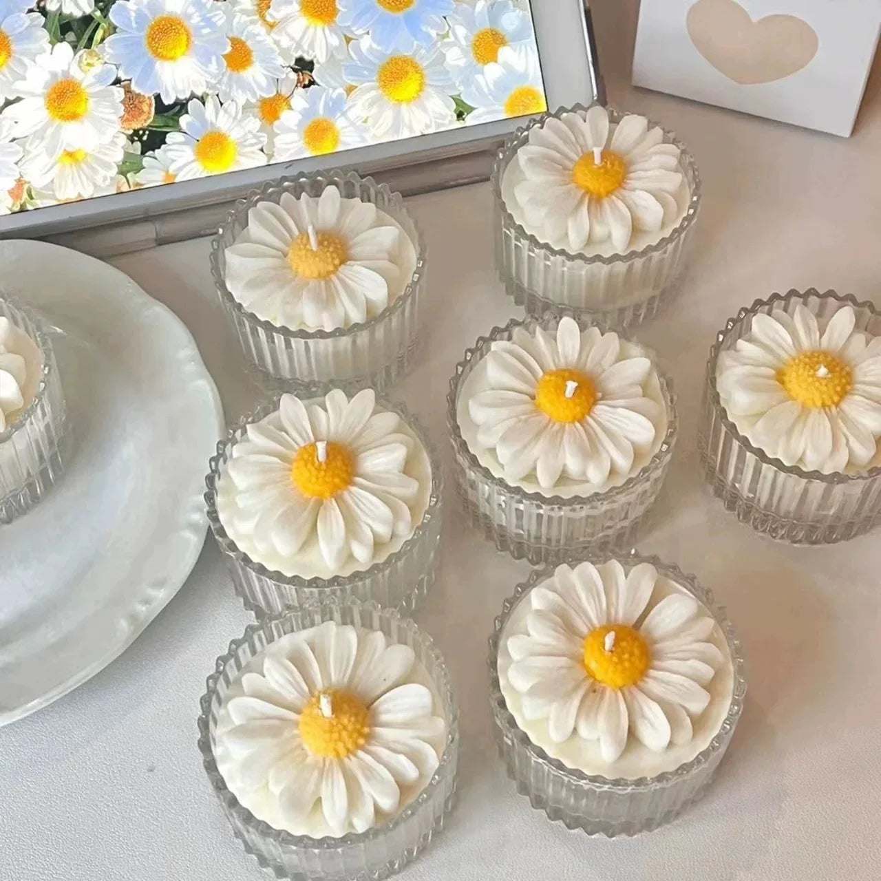 Hand-Poured Glass Chamomile Candle with 3D Daisy Gift