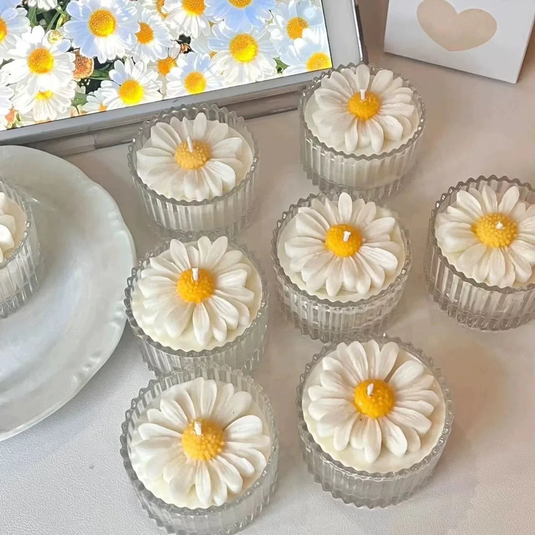 Hand-Poured Glass Chamomile Candle with 3D Daisy Gift