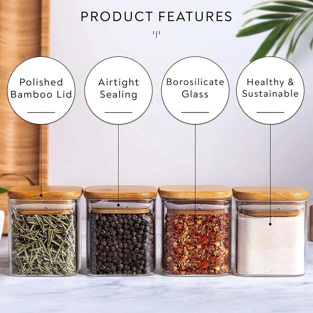 5oz Square Glass Spice Jars Set with Bamboo Lids & Labels