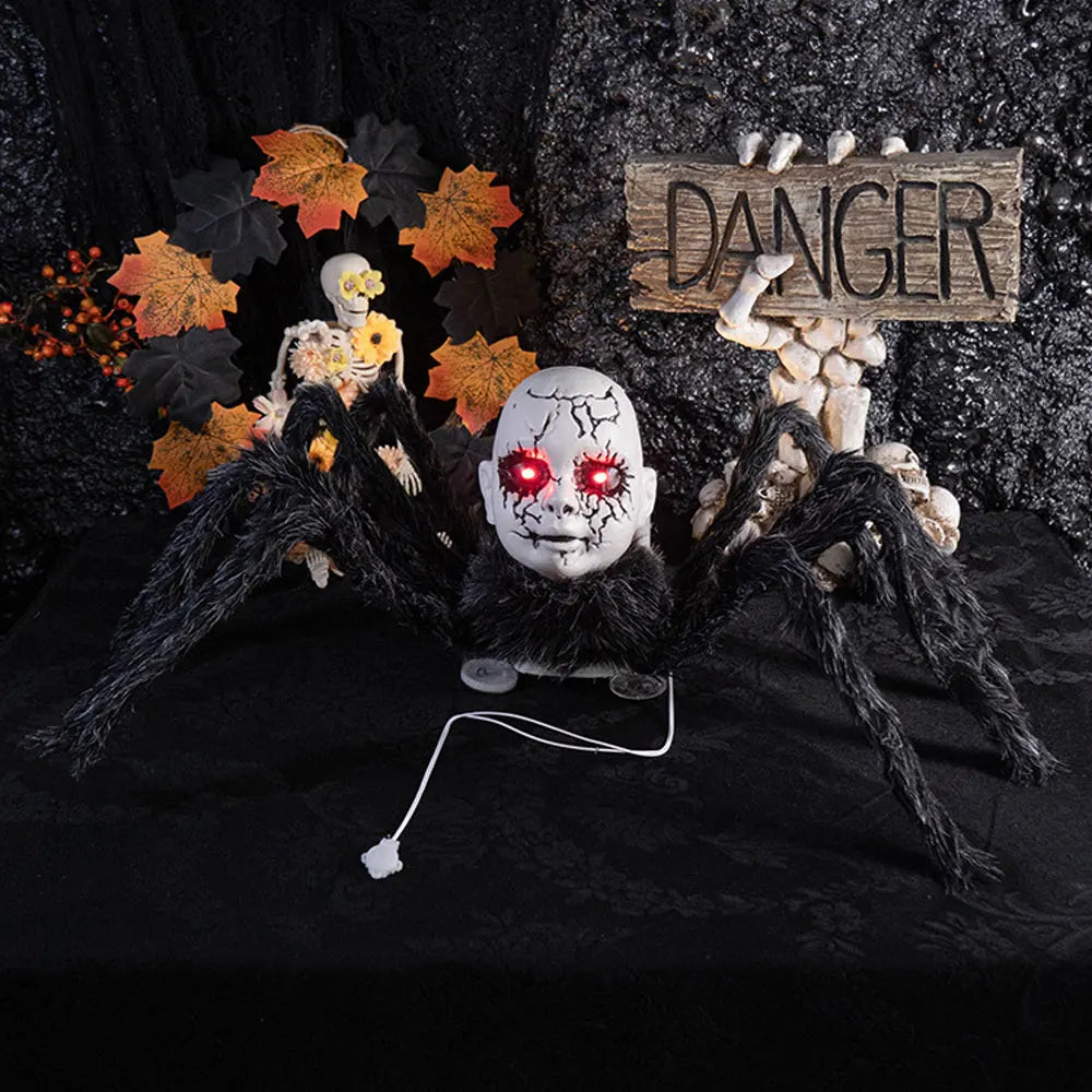 Halloween Animatronic Doll Face Spider Motion Activated Glowing Eyes Sound Control Scary Walking Toy Haunted House Prop