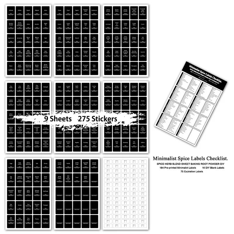 275Pcs Waterproof Preprinted Spice Jar Organizer Labels Set