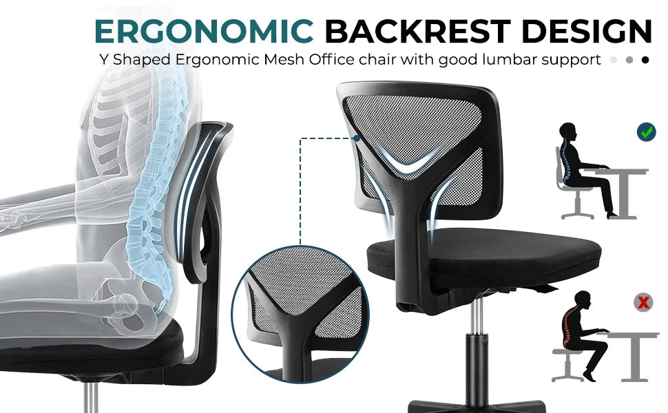 Armless Mesh Office Chair with Lumbar Support & Wheels