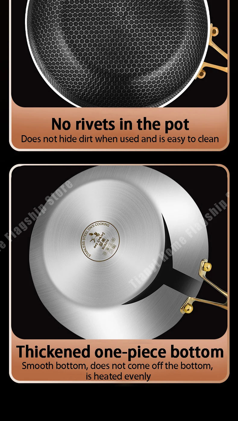 316 Stainless Steel Non-Stick Frying Pan Wok for Kitchen