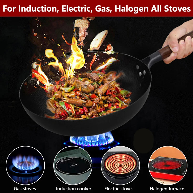 32cm Carbon Steel Wok Pan with Wooden Lid – All Stoves