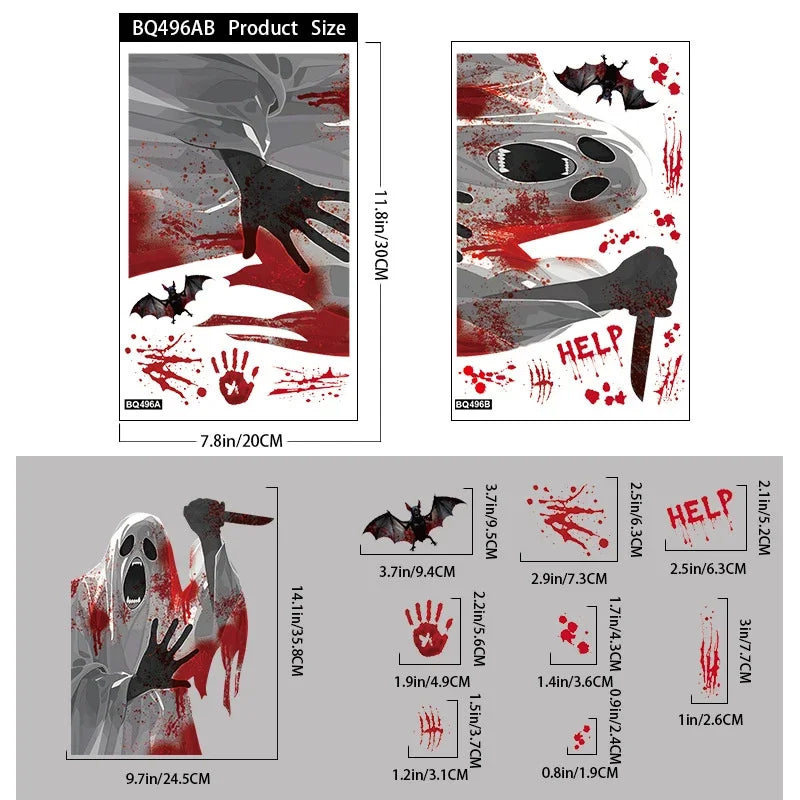 Halloween Static Cling Stickers Scary Ghost Woman Bloody Handprint Window Decals Spooky Party Home Decor Horror Decorations