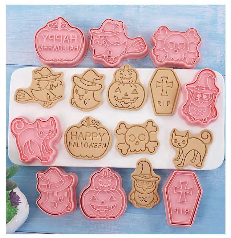 Halloween Cookies Cutters Cartoon Pumpkin Pressable Biscuit Mold Plastic Confectionery Fondant Cookie Stamp Baking Pastry Tools