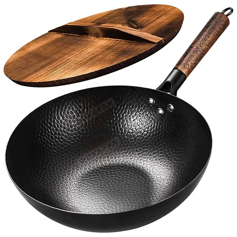 32cm Carbon Steel Wok Pan with Wooden Lid – All Stoves