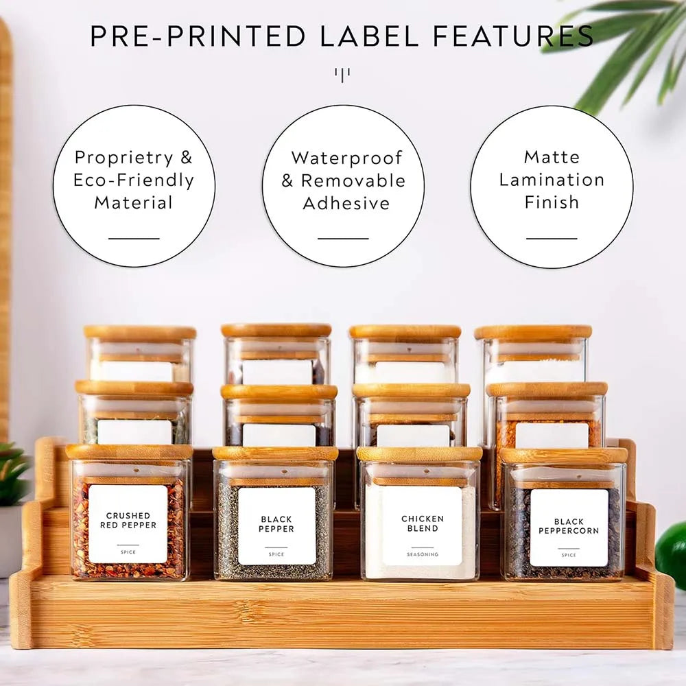 5oz Square Glass Spice Jars Set with Bamboo Lids & Labels