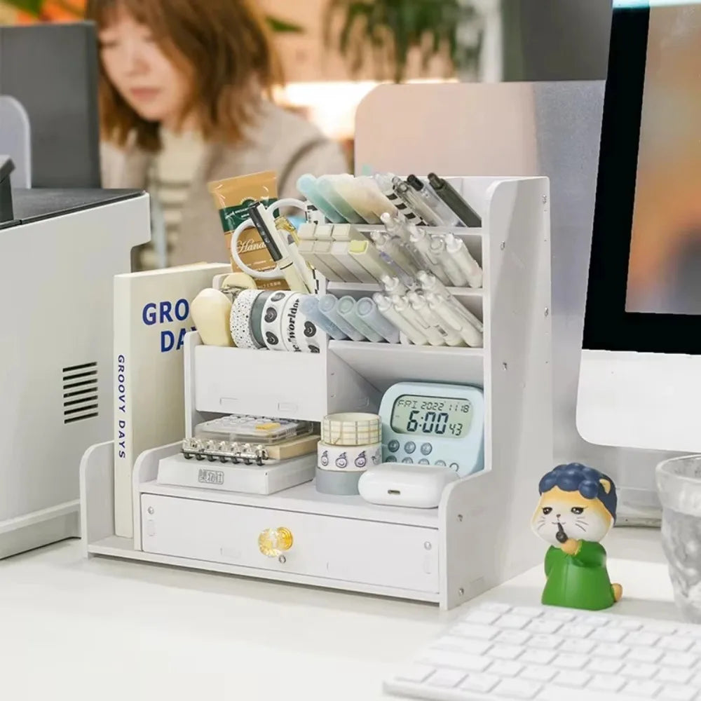 White Wooden Desk Organizer with Pencil Holder
