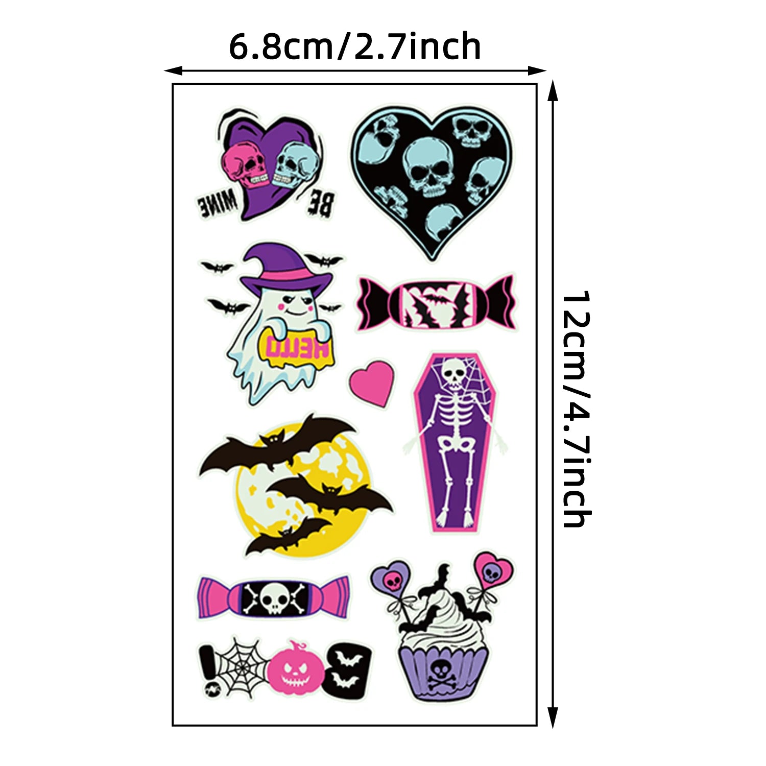 10Sheets(106 Patterns) Glow in the Dark Temporary Tattoos Stickers, Halloween Vampire, Skeleton, Zombie, Ghost, Pumpkin Designs