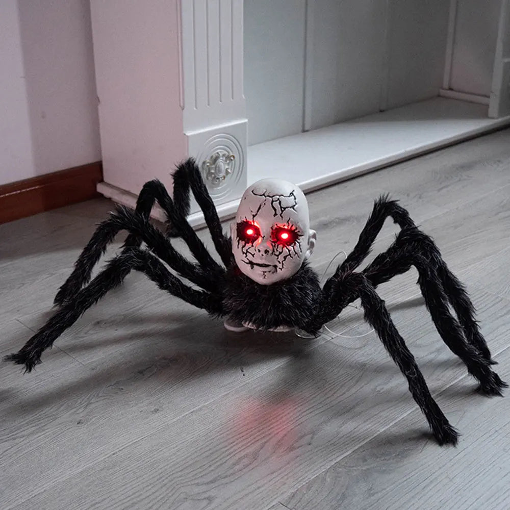 Halloween Animatronic Doll Face Spider Motion Activated Glowing Eyes Sound Control Scary Walking Toy Haunted House Prop