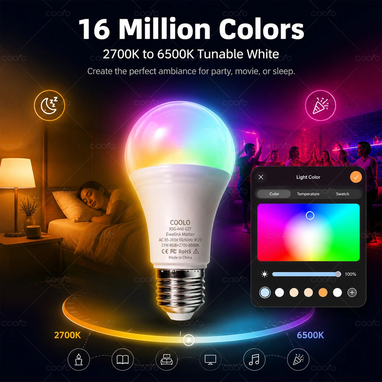 Matter WiFi E27 Smart LED Light Bulbs Dimmable RGB+2700K-6500K Lamp Work With Ewelink Apple Home Alexa Google Home Yandex Alice