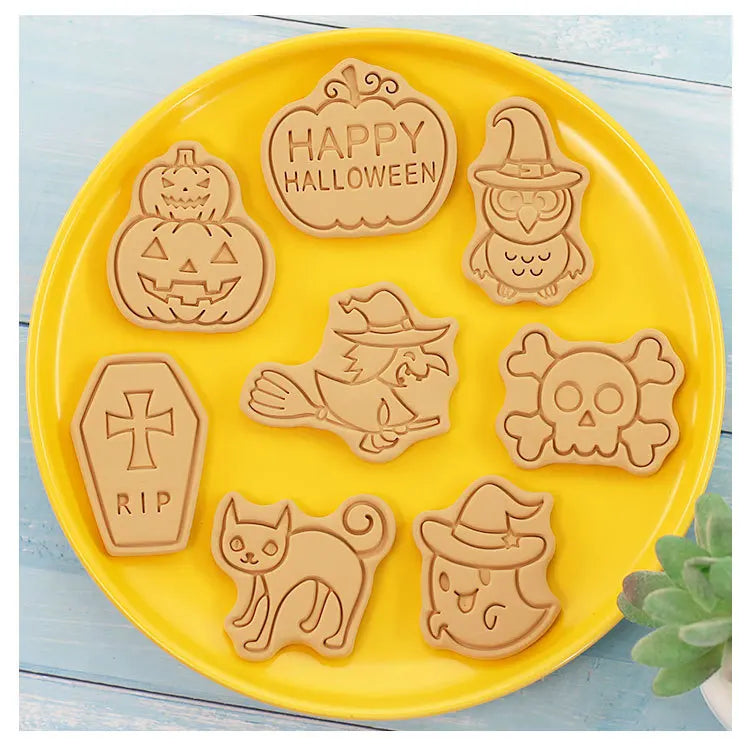 Halloween Cookies Cutters Cartoon Pumpkin Pressable Biscuit Mold Plastic Confectionery Fondant Cookie Stamp Baking Pastry Tools