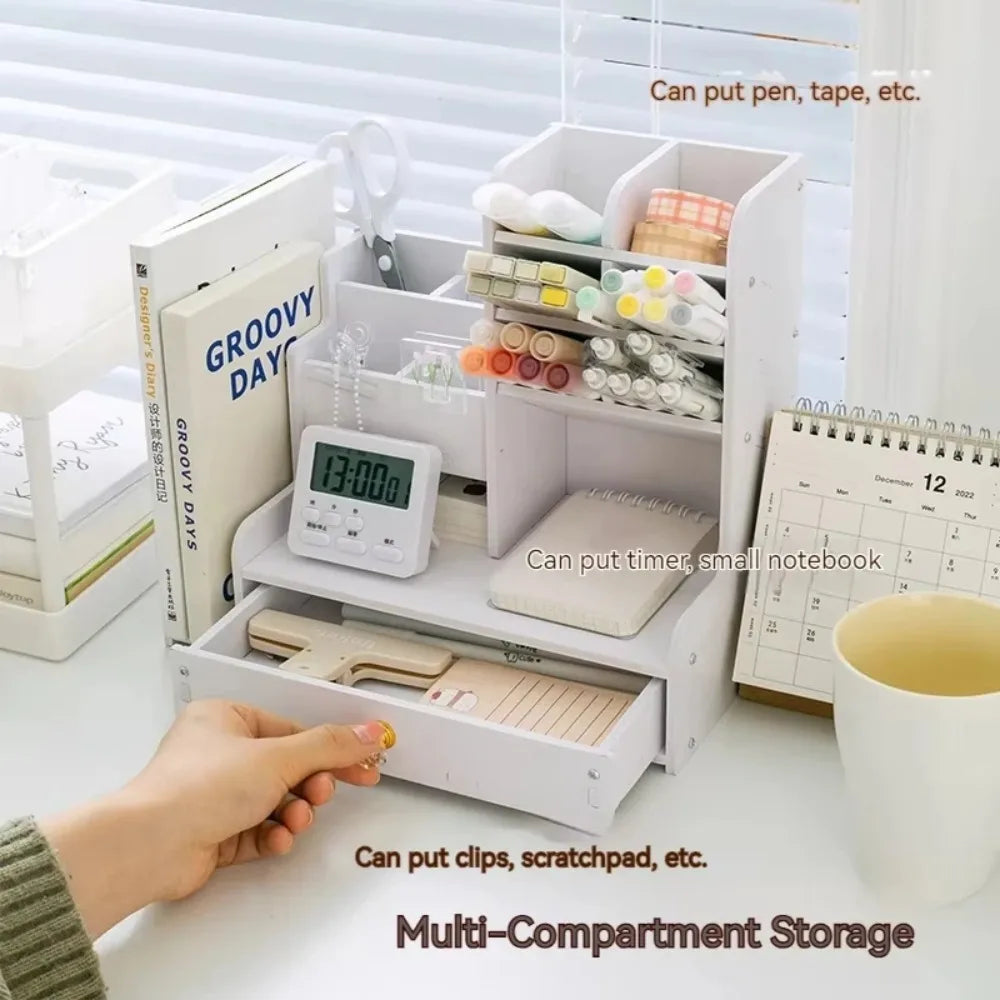 White Wooden Desk Organizer with Pencil Holder