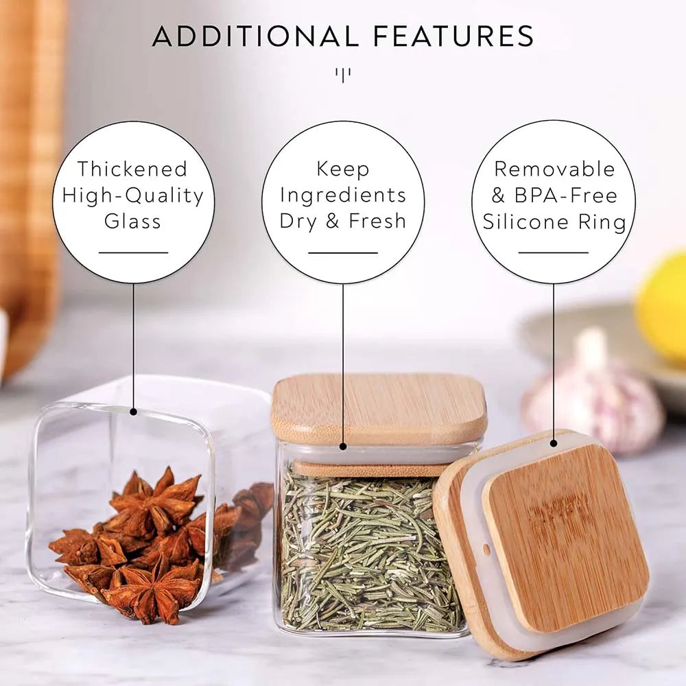 5oz Square Glass Spice Jars Set with Bamboo Lids & Labels