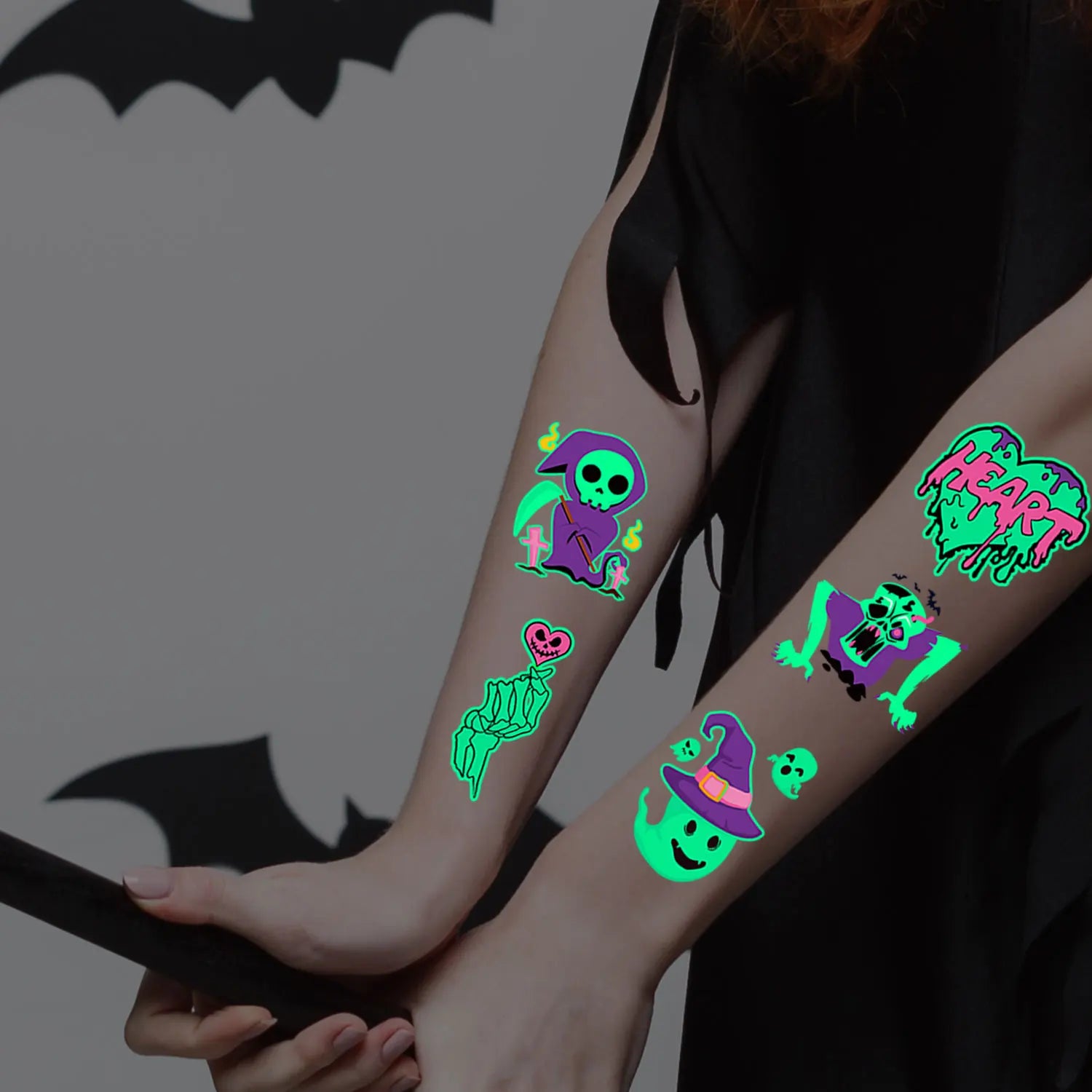 10Sheets(106 Patterns) Glow in the Dark Temporary Tattoos Stickers, Halloween Vampire, Skeleton, Zombie, Ghost, Pumpkin Designs