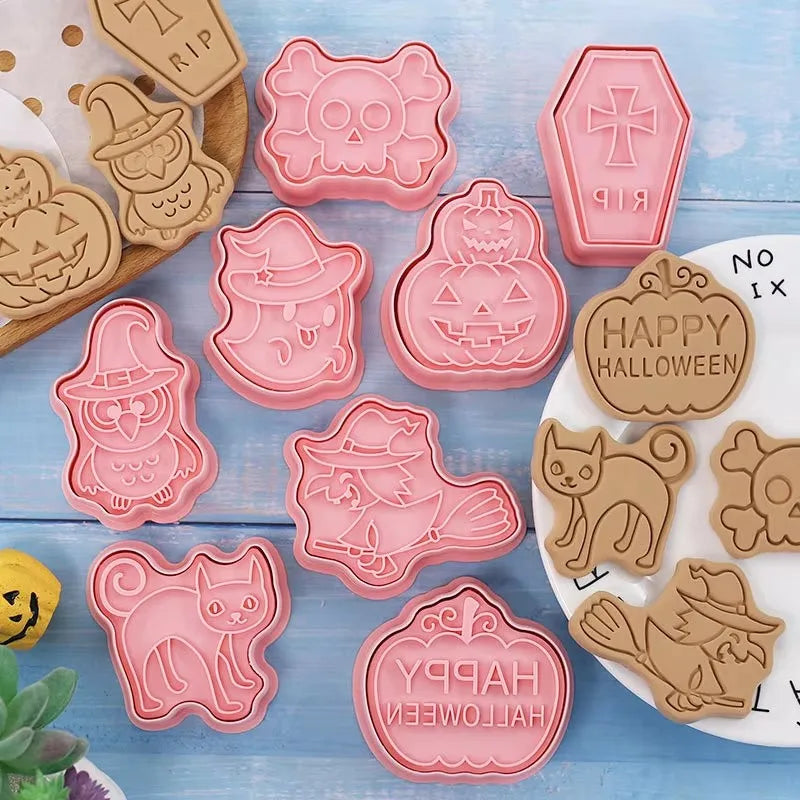 Halloween Cookies Cutters Cartoon Pumpkin Pressable Biscuit Mold Plastic Confectionery Fondant Cookie Stamp Baking Pastry Tools
