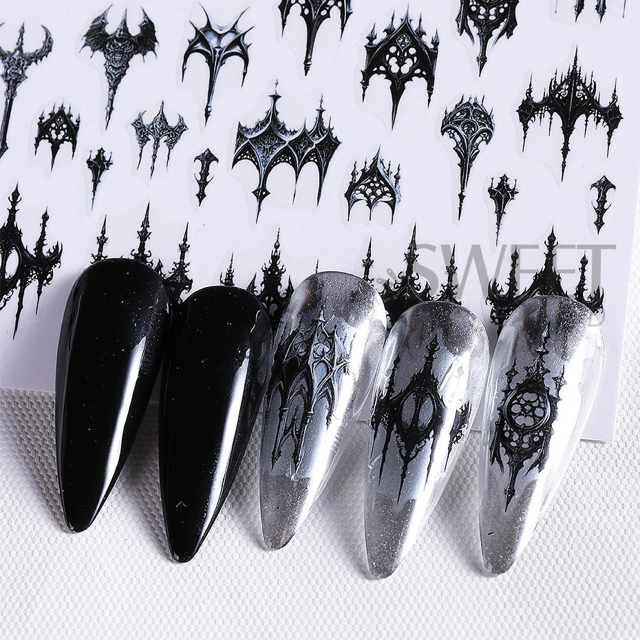 5pcs Gothic Black Nail Stickers Elegant Wedding Laced Designs Halloween Castle Skull Wings Adhesive Foils Sliders Manicure Decor