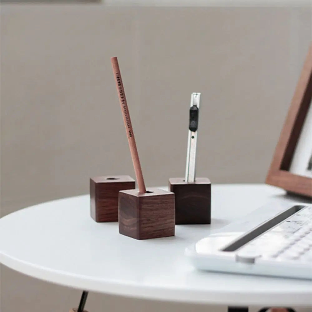 New Walnut Wood Pen Holder Square Space saving Pen Hole Multifunctional Portable Pencil Stand for Desk Stationery Storage
