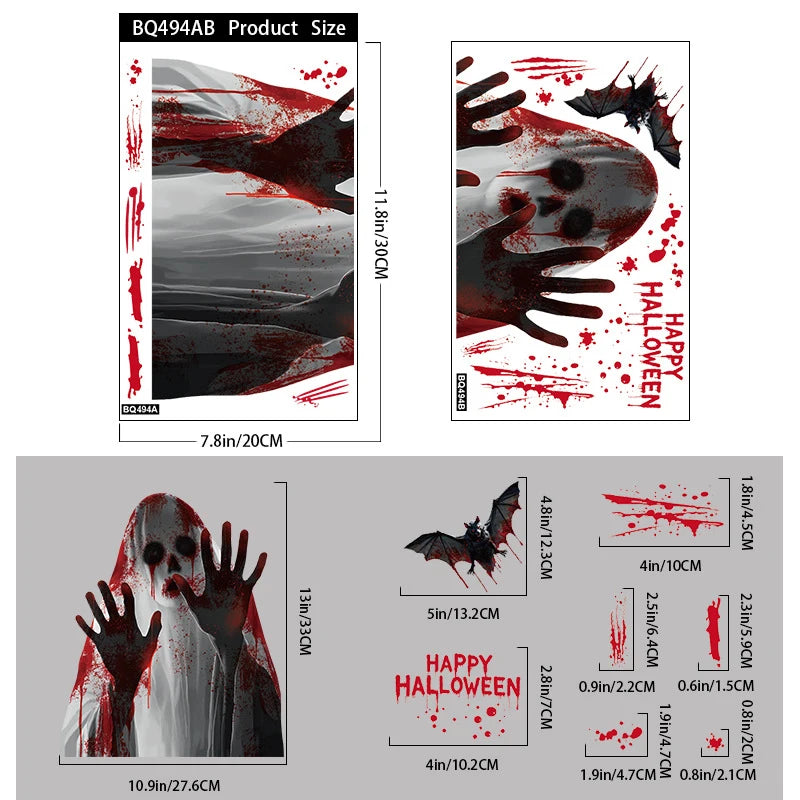 Halloween Static Cling Stickers Scary Ghost Woman Bloody Handprint Window Decals Spooky Party Home Decor Horror Decorations