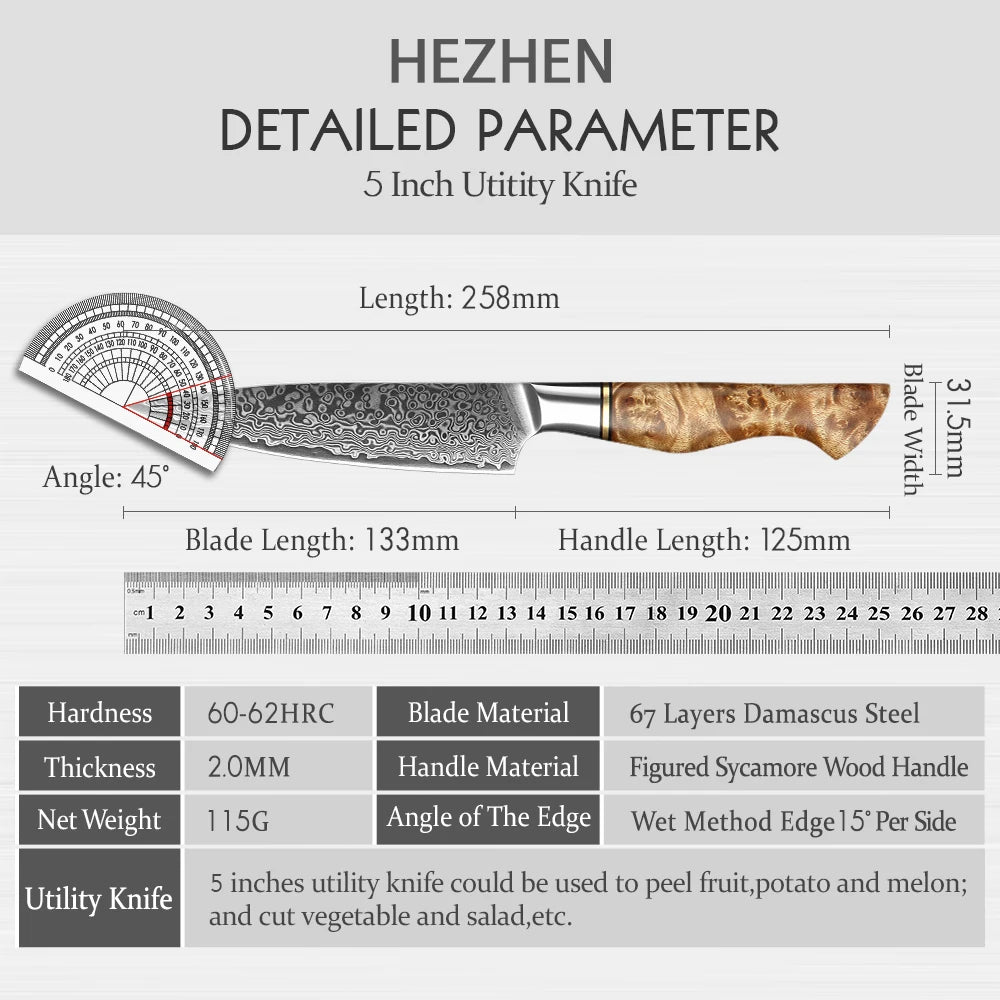HEZHEN 5" Damascus Super Steel Sharp Kitchen Utility Knife