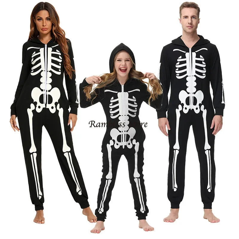 Parent-child Party Scary Skulls Cosplay Suits Luminous Skeleton Shape Costumes for Kids Adults Families Halloween Cos Clothing
