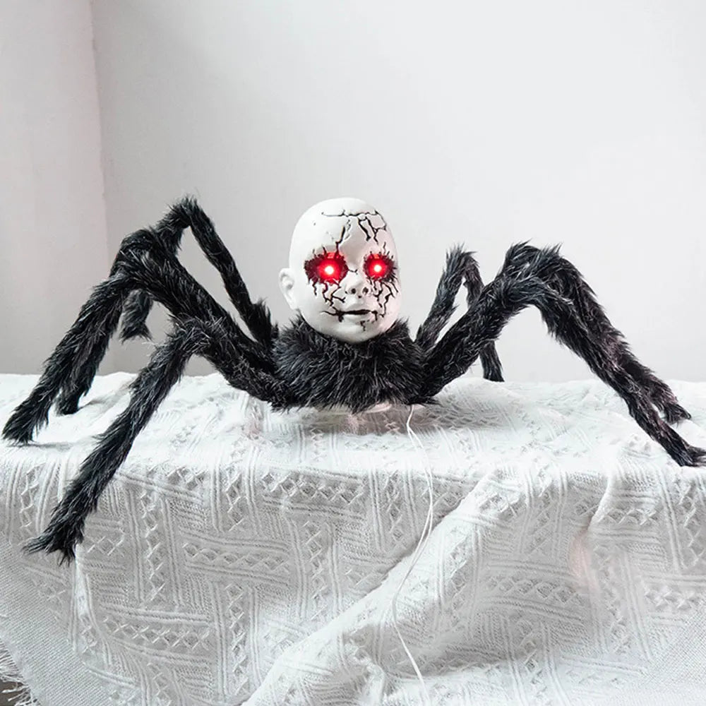 Halloween Animatronic Doll Face Spider Motion Activated Glowing Eyes Sound Control Scary Walking Toy Haunted House Prop