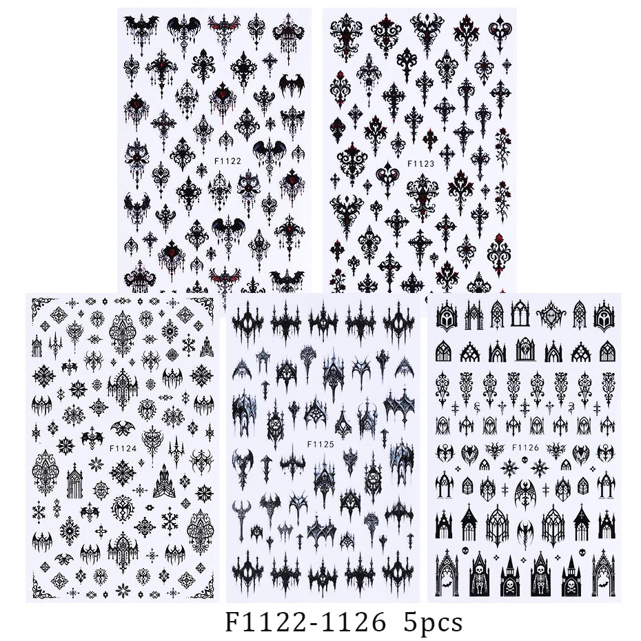 5pcs Gothic Black Nail Stickers Elegant Wedding Laced Designs Halloween Castle Skull Wings Adhesive Foils Sliders Manicure Decor