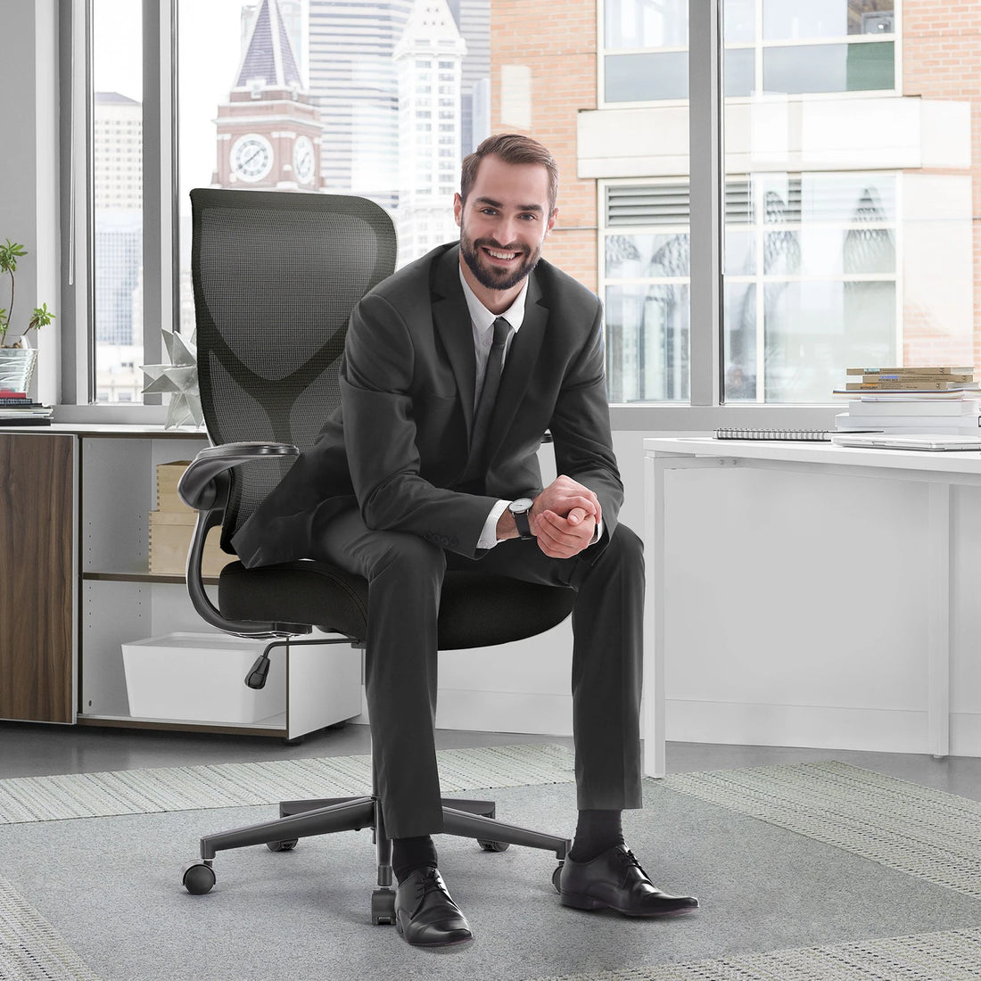 Light Gray Ergonomic Mesh Office Chair with Flip-Up Arms