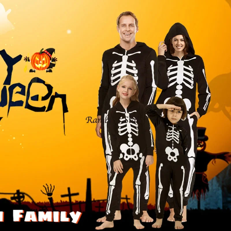 Parent-child Party Scary Skulls Cosplay Suits Luminous Skeleton Shape Costumes for Kids Adults Families Halloween Cos Clothing