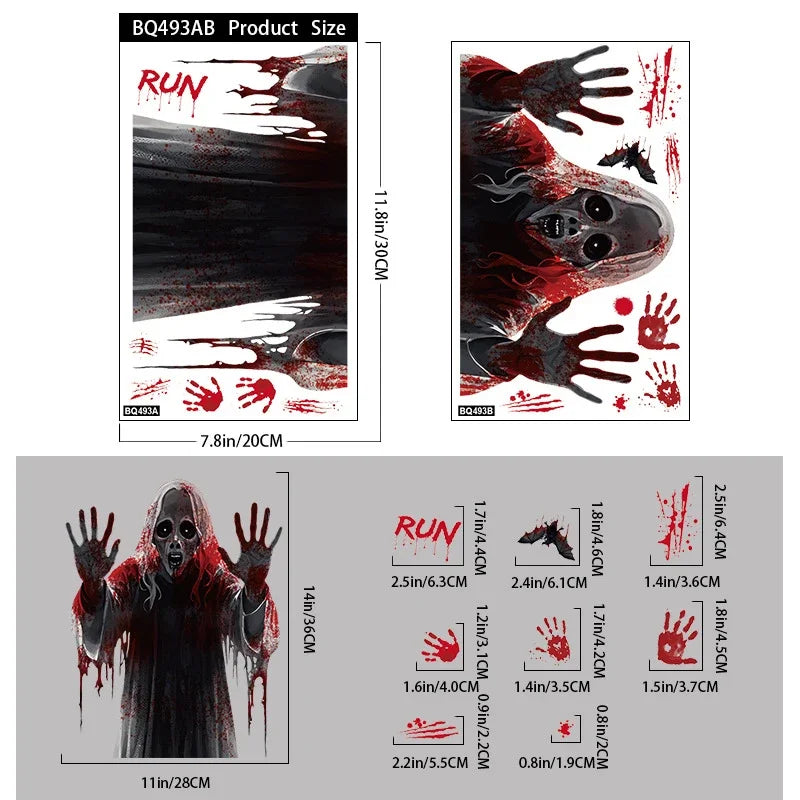 Halloween Static Cling Stickers Scary Ghost Woman Bloody Handprint Window Decals Spooky Party Home Decor Horror Decorations