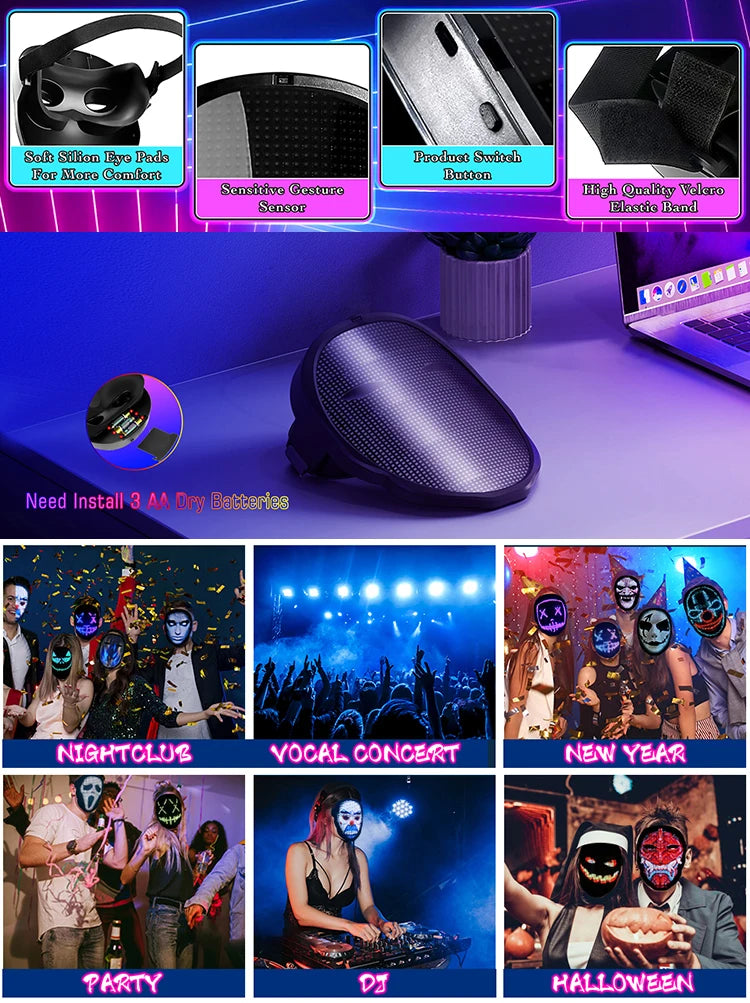 Party LED Light up Mask Gesture Sensing Smart Display LED Face Masks Programmable Bluetooth App Control Transforming Mask