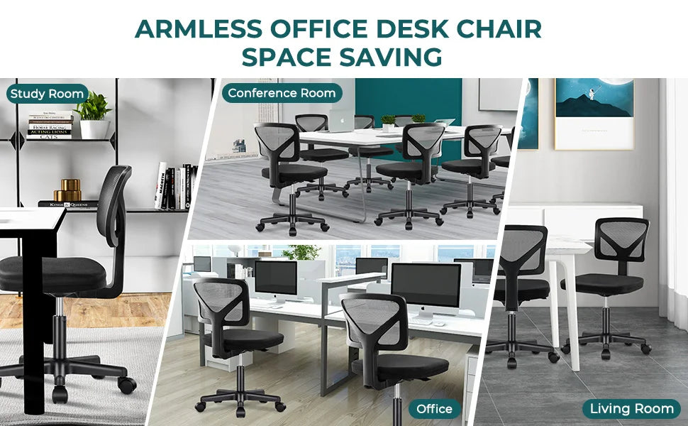 Armless Mesh Office Chair with Lumbar Support & Wheels
