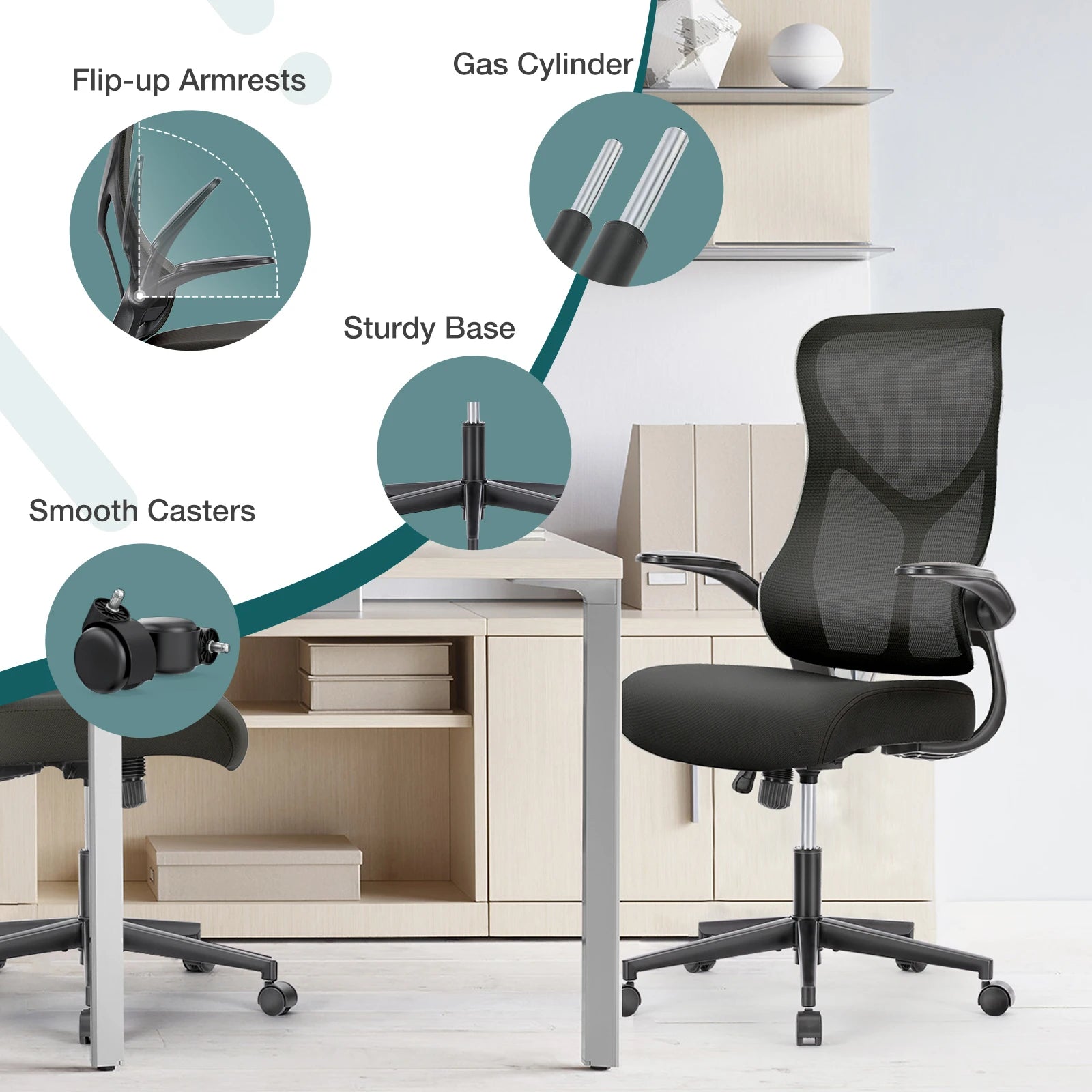 Light Gray Ergonomic Mesh Office Chair with Flip-Up Arms
