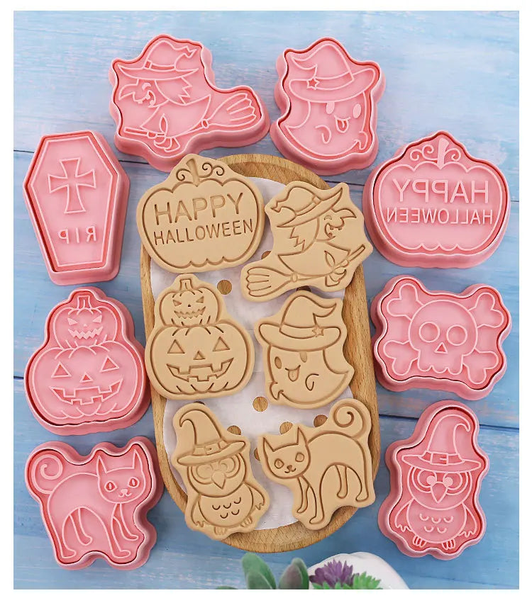 Halloween Cookies Cutters Cartoon Pumpkin Pressable Biscuit Mold Plastic Confectionery Fondant Cookie Stamp Baking Pastry Tools