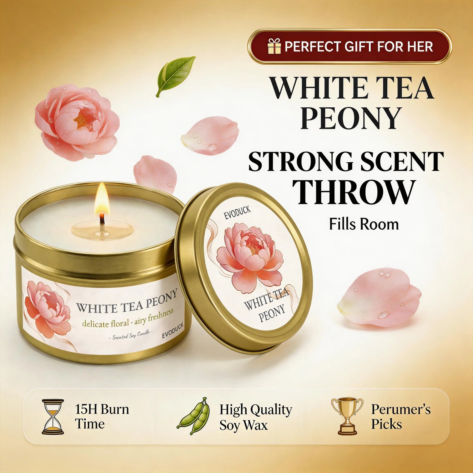 White Tea & Peony Candle – 3oz Soothing Gift for Women