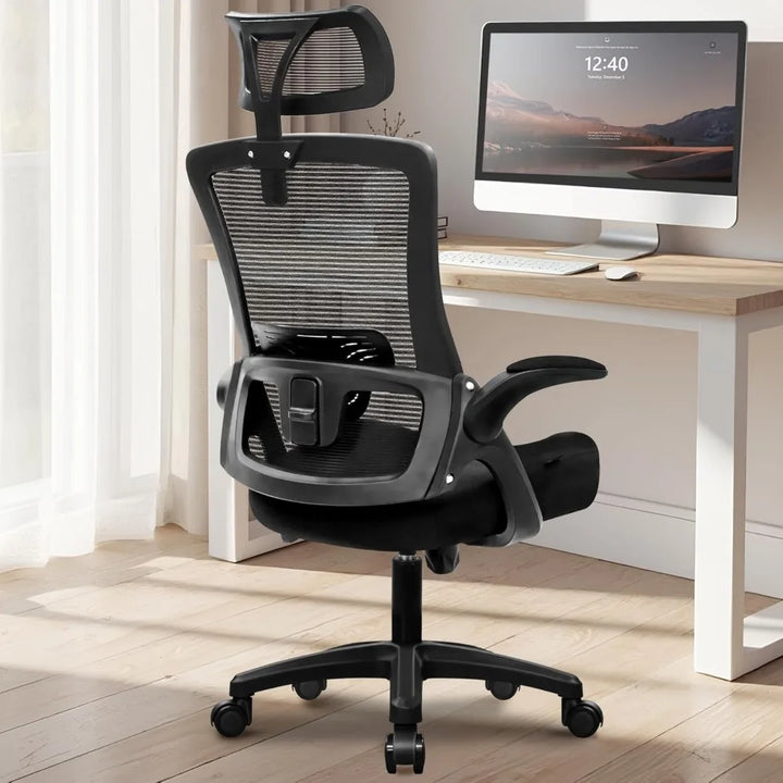 Pink Ergonomic Mesh Office Chair with Flip-Up Arms