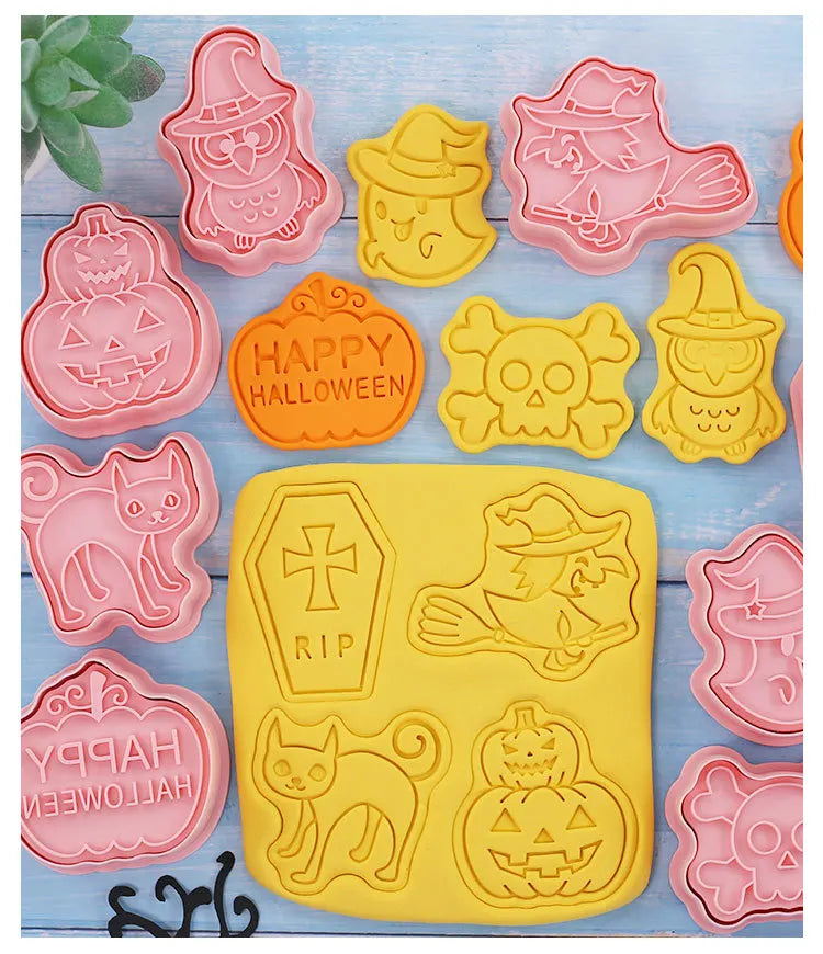 Halloween Cookies Cutters Cartoon Pumpkin Pressable Biscuit Mold Plastic Confectionery Fondant Cookie Stamp Baking Pastry Tools