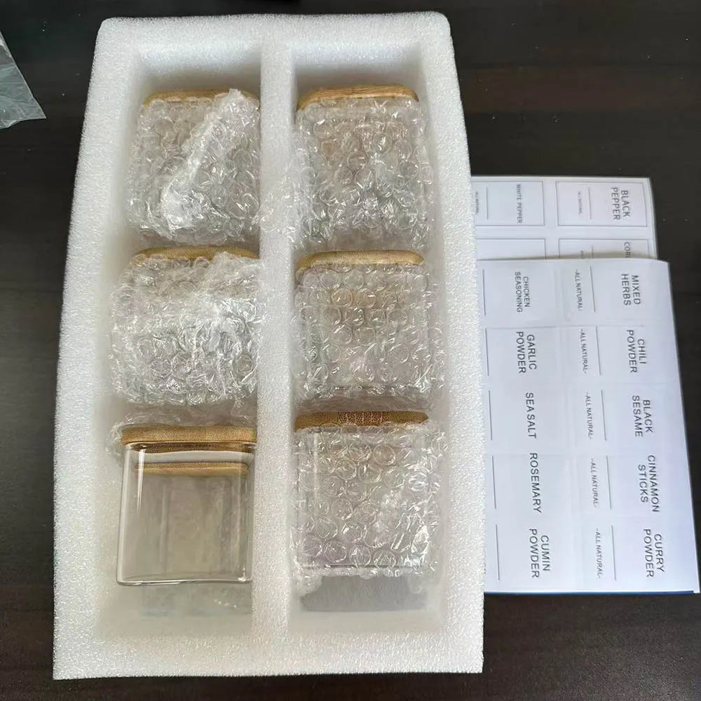 5oz Square Glass Spice Jars Set with Bamboo Lids & Labels